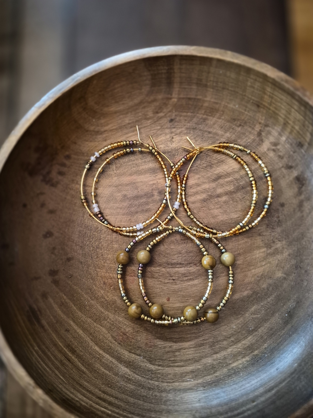 Gold & Jasper Hand Beaded Hoop Earrings - 3 Pairs